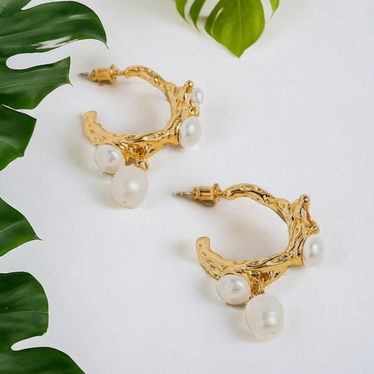 18k plated pearl hoop earrings Waterproof jewelry Pearl dangle earrings Gold drip hoop earrings Tarnish resistant Jewelry Fashion earrings