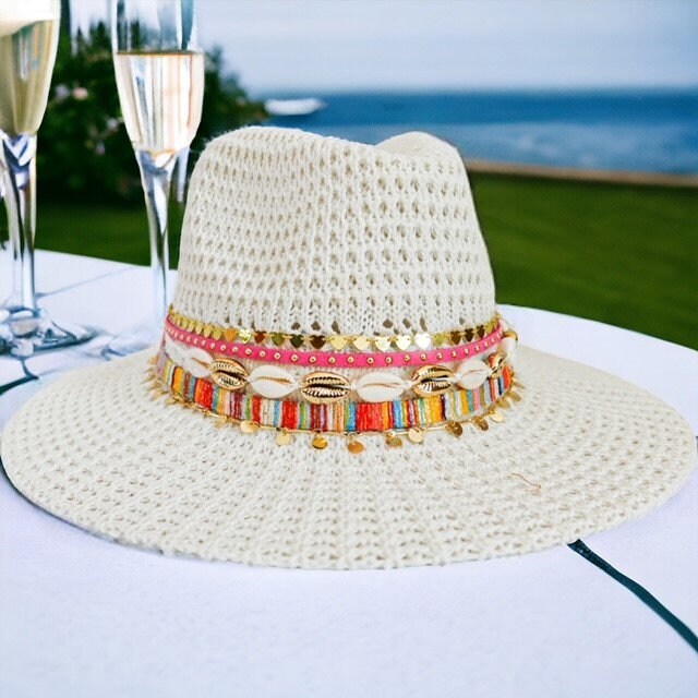 White Fedora Knit Fedora White Panama hat White Summer hat Jeweled hat Customized fedora Personalized Panama hat Wide brim hat Embellished