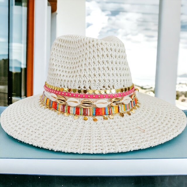 White Fedora Knit Fedora White Panama hat White Summer hat Jeweled hat Customized fedora Personalized Panama hat Wide brim hat Embellished