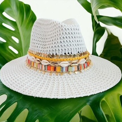 White Fedora Knit Fedora White Panama hat White Summer hat Jeweled hat Customized fedora Personalized Panama hat Wide brim hat Embellished