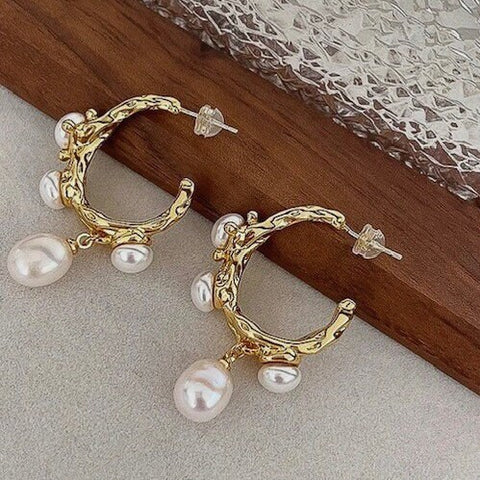 18k plated pearl hoop earrings Waterproof jewelry Pearl dangle earrings Gold drip hoop earrings Tarnish resistant Jewelry Fashion earrings