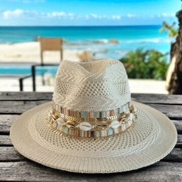 Fedora for women Flat brim hat Knit fedora Custom Fedora Embellished Panama hat Jeweled Panama hat Beach hat Cowrie shell hat  Resort wear