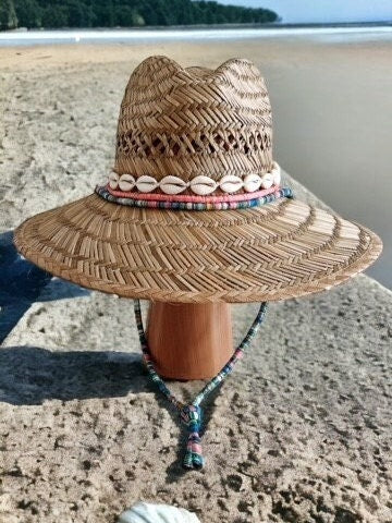 Custom Sun Hat Adult Sun Hat Protective Beach Hat Personalized Sun hat with shells Embellished Sun Hat Straw lifeguard hat  Hat with jewelry