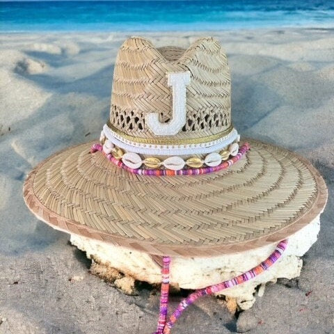 Custom Sun Hat Adult Sun Hat Protective Beach Hat Personalized Sun hat with shells Embellished Sun Hat Straw lifeguard hat  Hat with jewelry