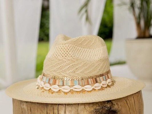 Fedora for women Flat brim hat Knit fedora Custom Fedora Embellished Panama hat Jeweled Panama hat Beach hat Cowrie shell hat  Resort wear