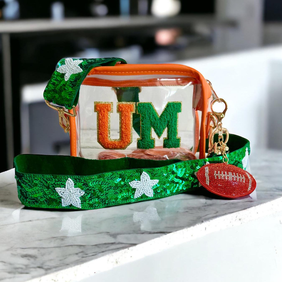 Miami Hurricanes Orange Green Clear Stadium Purse Game day Bag Crossbody Sequin Strap Custom Fan Gift 305