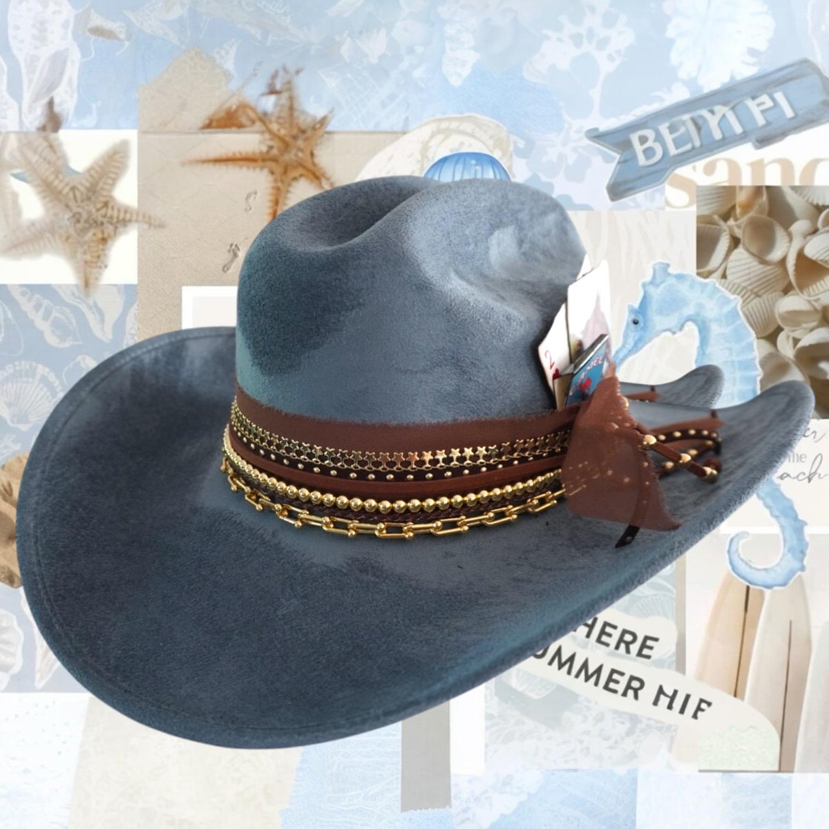 Blue cowboy hat with 18k gold jewels, custom design, western style, perfect for country concerts and cowgirl birthday gifts.