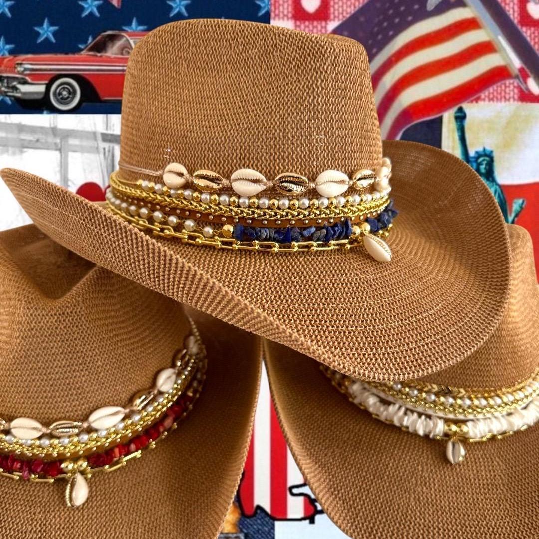 Sunkissed by Chrissy Shell Cowgirl hat with seashells, pearls, and jeweled embellishments, perfect for beach vacations and seaside style.