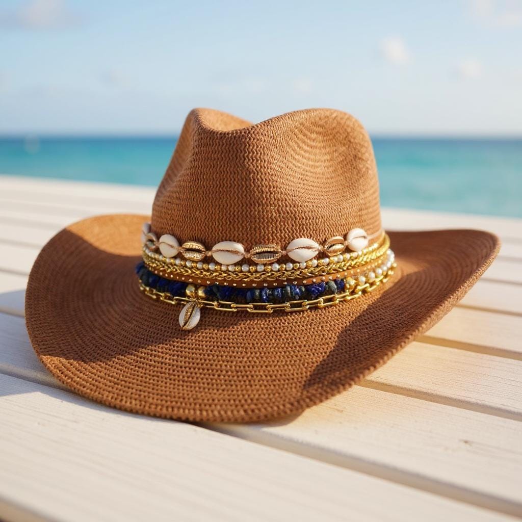 Sunkissed by Chrissy Shell Cowgirl hat with seashells and pearls, beach vacation straw cowboy hat, coastal chic western style.