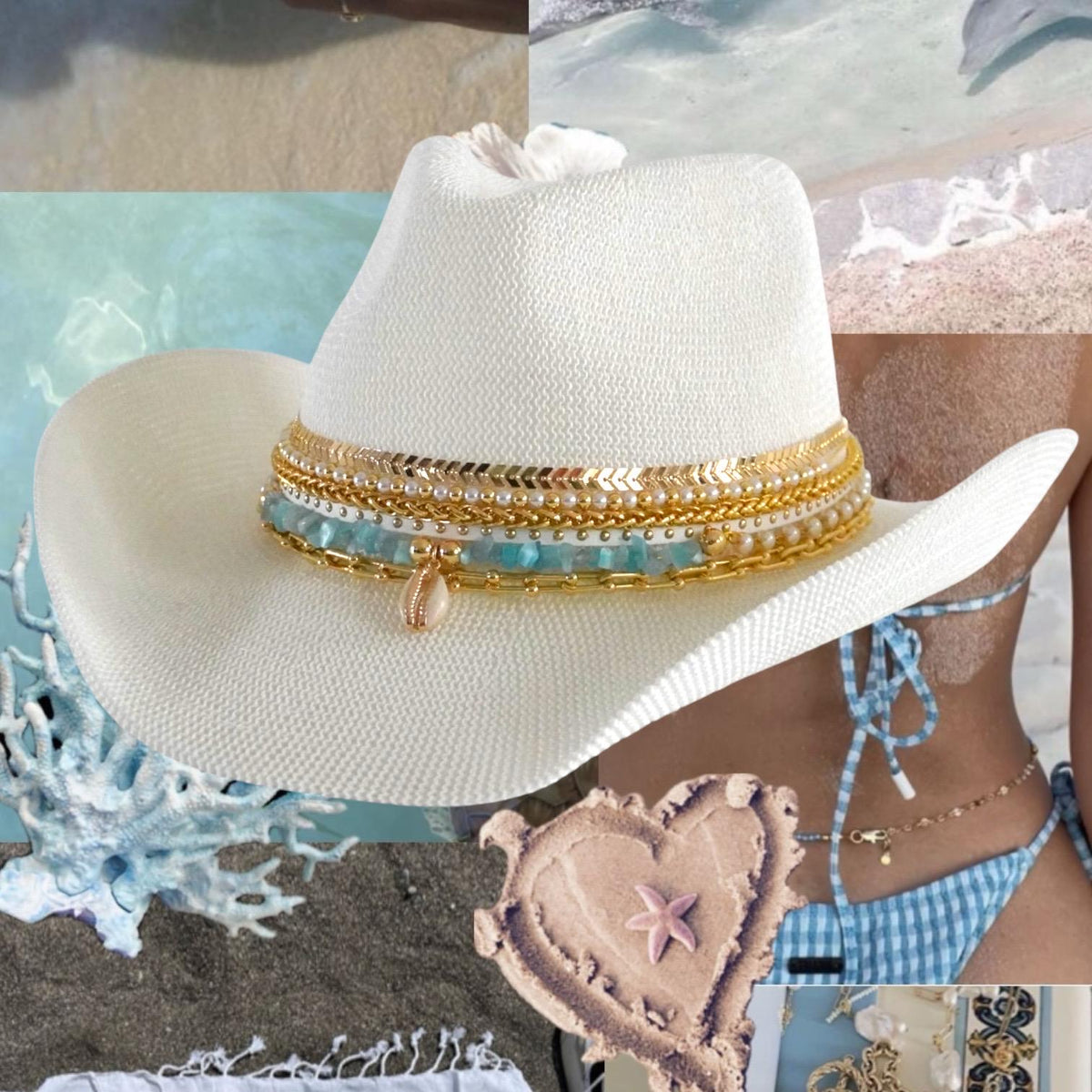 White bridal cowboy hat by Sunkissed by Chrissy, featuring blue accents, perfect for beach bachelorette and destination wedding outfits.