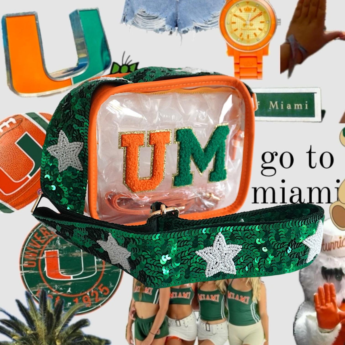 Miami Hurricanes Orange Green Clear Stadium Purse Game day Bag Crossbody Sequin Strap Custom Fan Gift 305