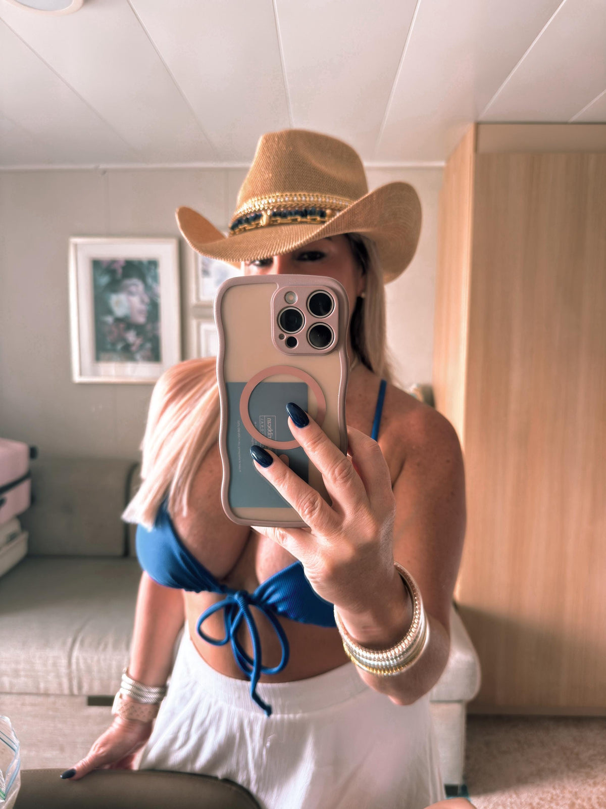 Sunkissed by Chrissy beach vacation straw cowgirl hat with seashells, pearls, and jeweled embellishments, coastal chic Western style.