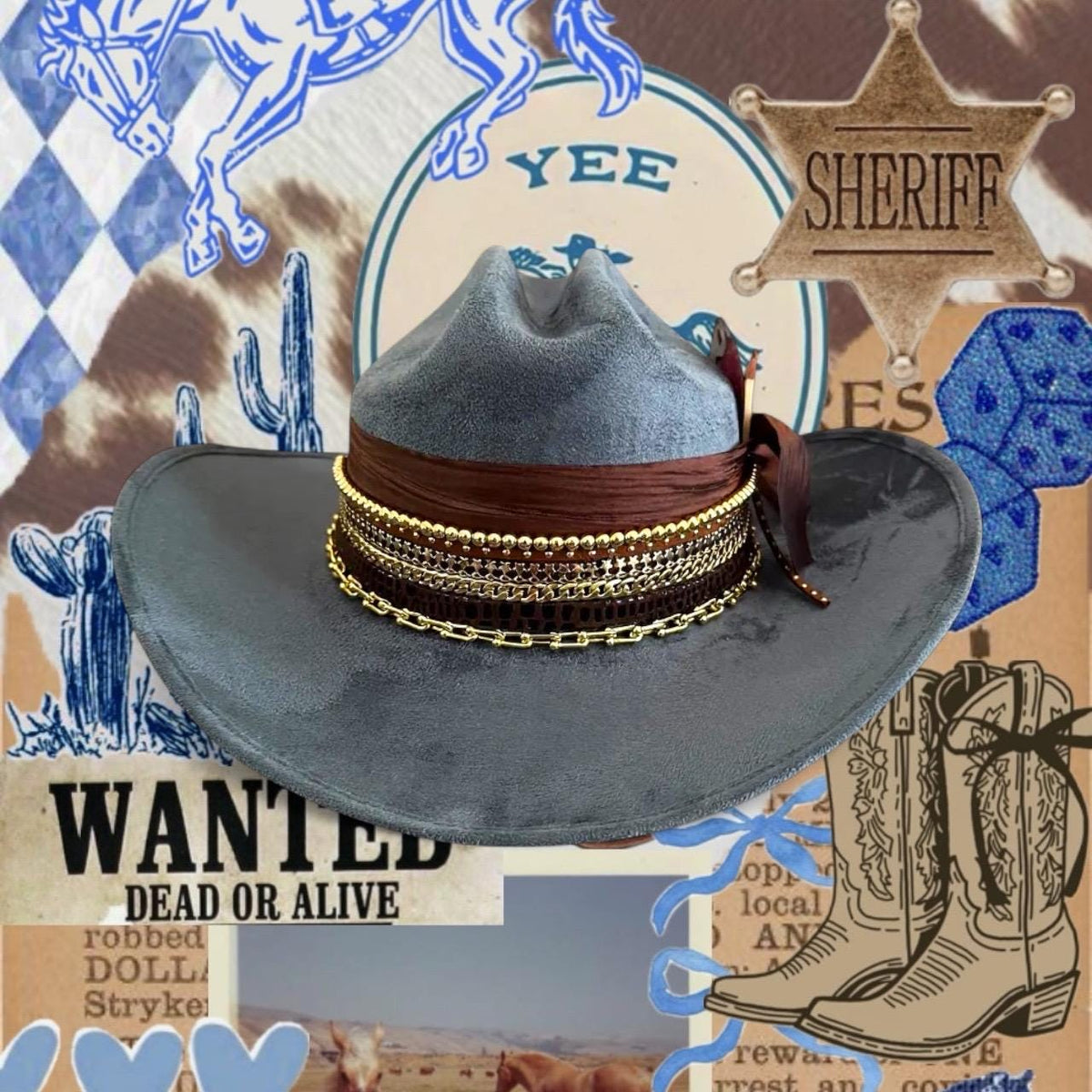 Blue cowboy hat by Sunkissed by Chrissy with 18k gold and jeweled accents, perfect for rodeo, country concerts, or western style.