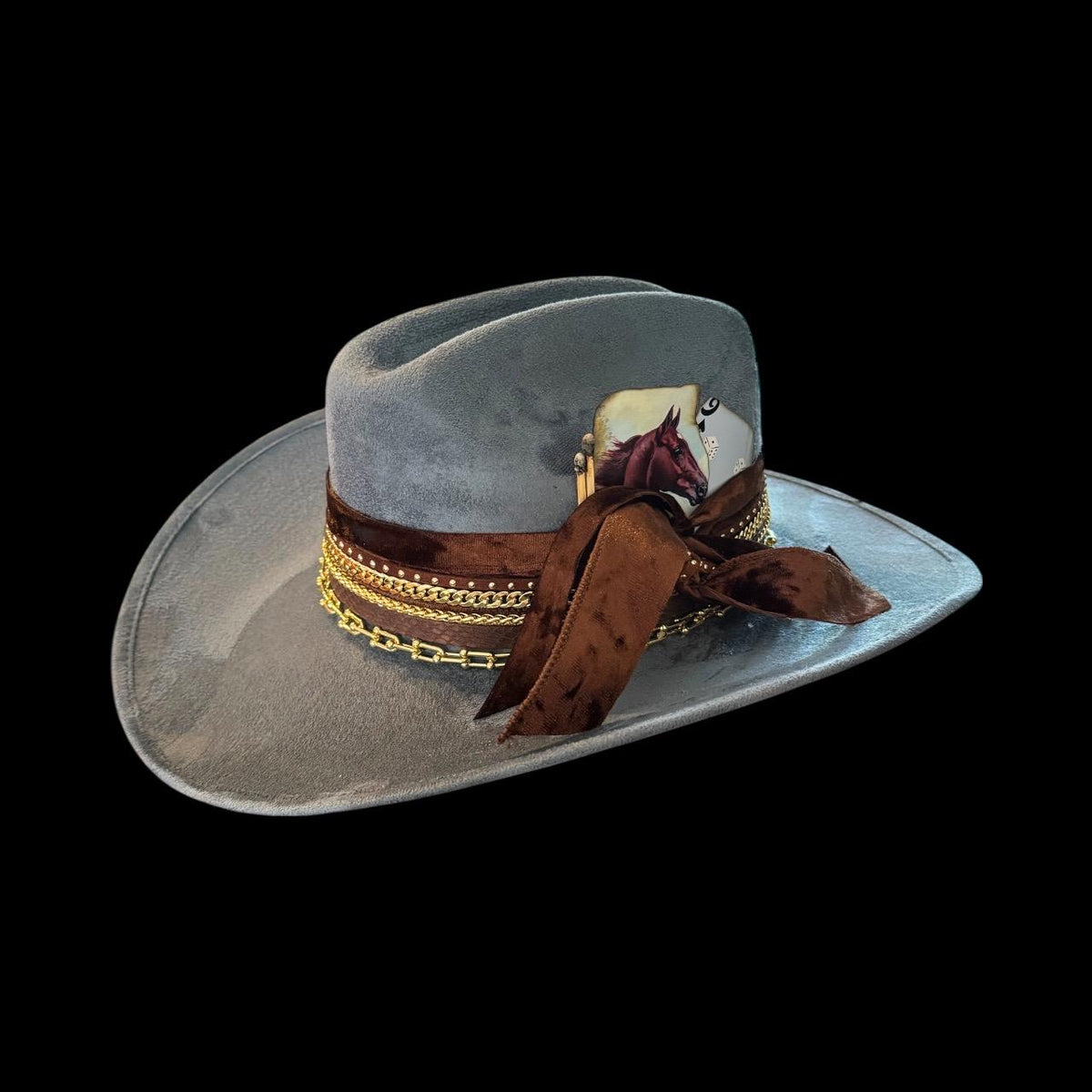 Blue cowboy hat with 18k gold jeweled accents, western style, custom rodeo hat, perfect for country concerts or cowgirl birthday gift.
