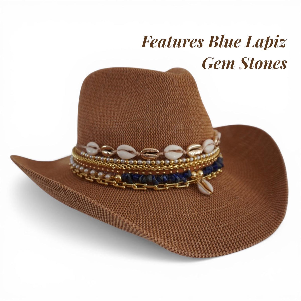 Sunkissed by Chrissy coastal chic cowboy hat with seashells, pearls, and jeweled embellishments for beach vacation style.