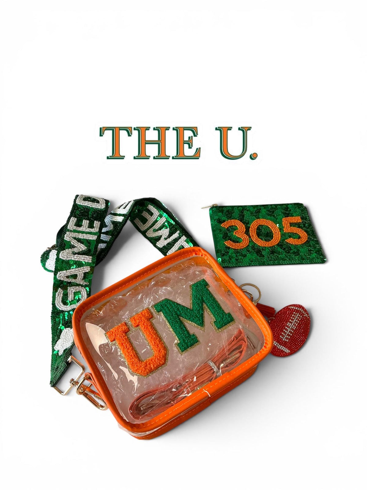 Miami Hurricanes Orange Green Clear Stadium Purse Game day Bag Crossbody Sequin Strap Custom Fan Gift 305
