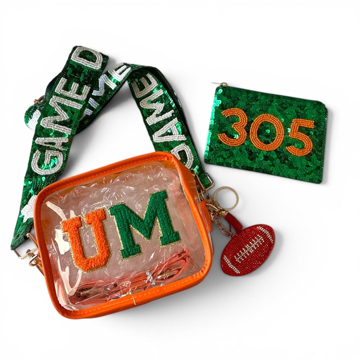 Miami Hurricanes Orange Green Clear Stadium Purse Game day Bag Crossbody Sequin Strap Custom Fan Gift 305