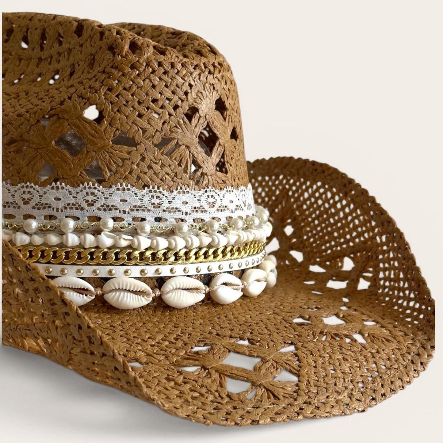 Straw Cowboy Hat Women Pearl and Shell Trim Beach Cowgirl Hat  Coastal Boho Resort Vacation Hat  Seashell Panama Summer Hat Gift for Bride