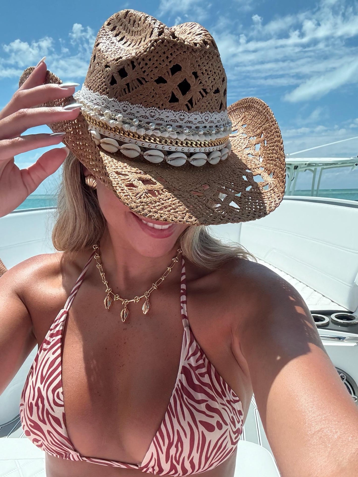 Straw Cowboy Hat Women Pearl and Shell Trim Beach Cowgirl Hat  Coastal Boho Resort Vacation Hat  Seashell Panama Summer Hat Gift for Bride