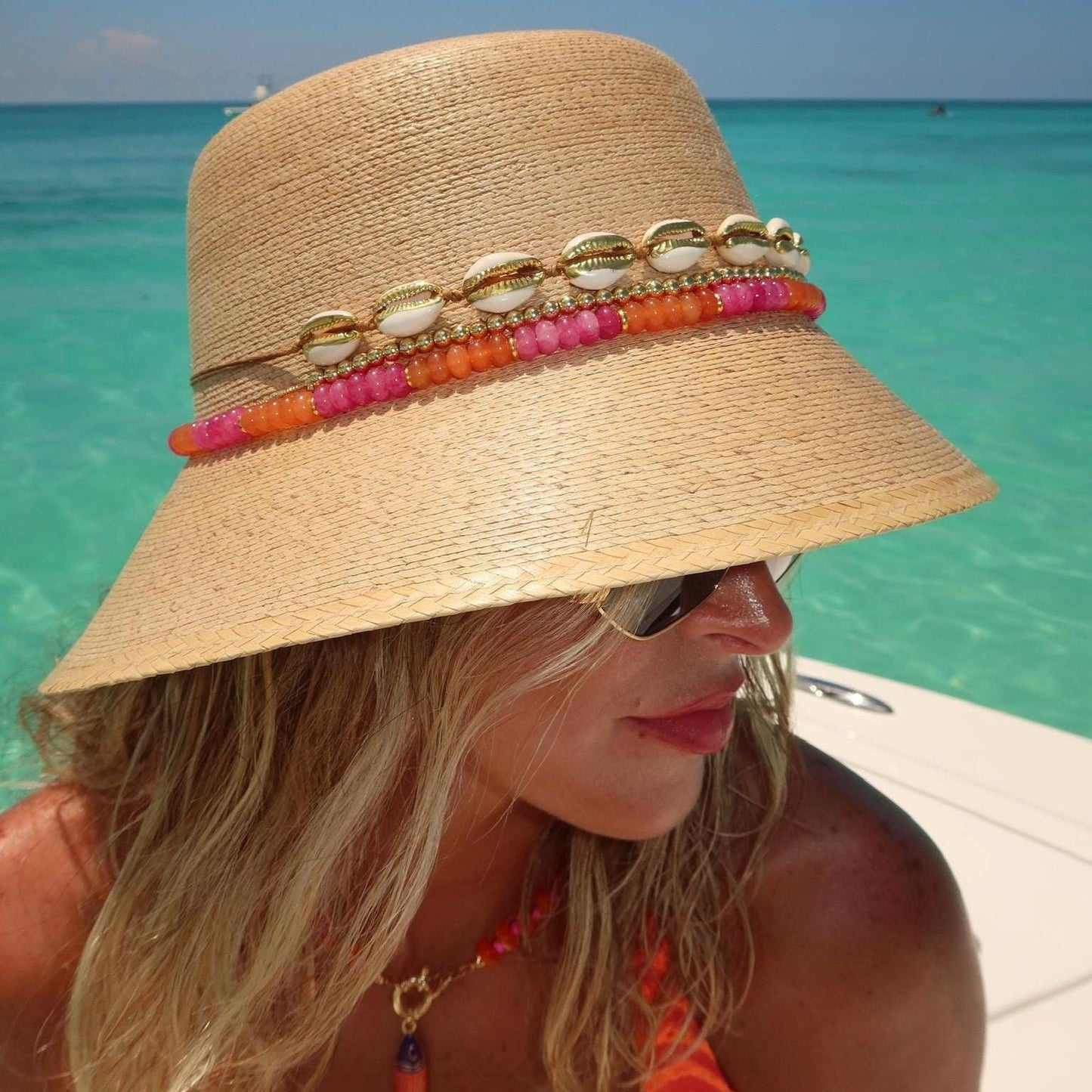 Palm Bucket Hat for Women Designer Straw Beach Hat Resort Vacation Hat Coastal Chic Sun Hat with gems Honeymoon Yacht Outfit idea Resort