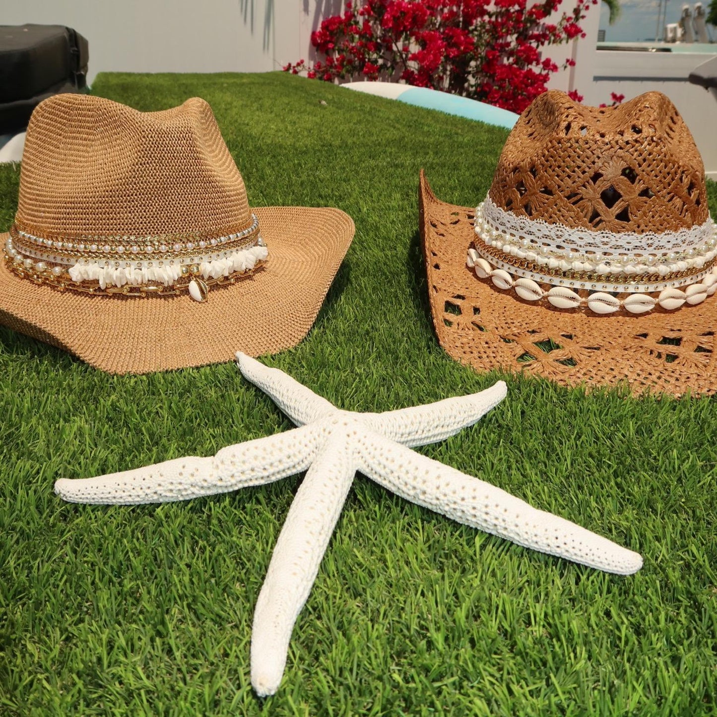 Straw Cowboy Hat Women Pearl and Shell Trim Beach Cowgirl Hat  Coastal Boho Resort Vacation Hat  Seashell Panama Summer Hat Gift for Bride