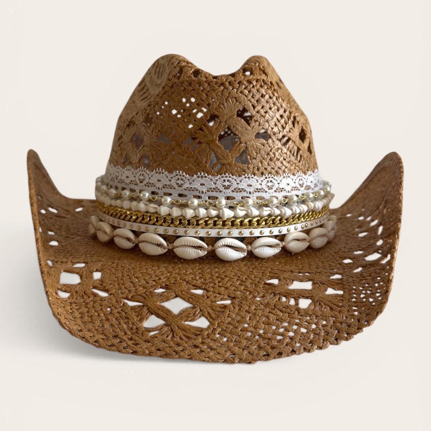 Straw Cowboy Hat Women Pearl and Shell Trim Beach Cowgirl Hat  Coastal Boho Resort Vacation Hat  Seashell Panama Summer Hat Gift for Bride