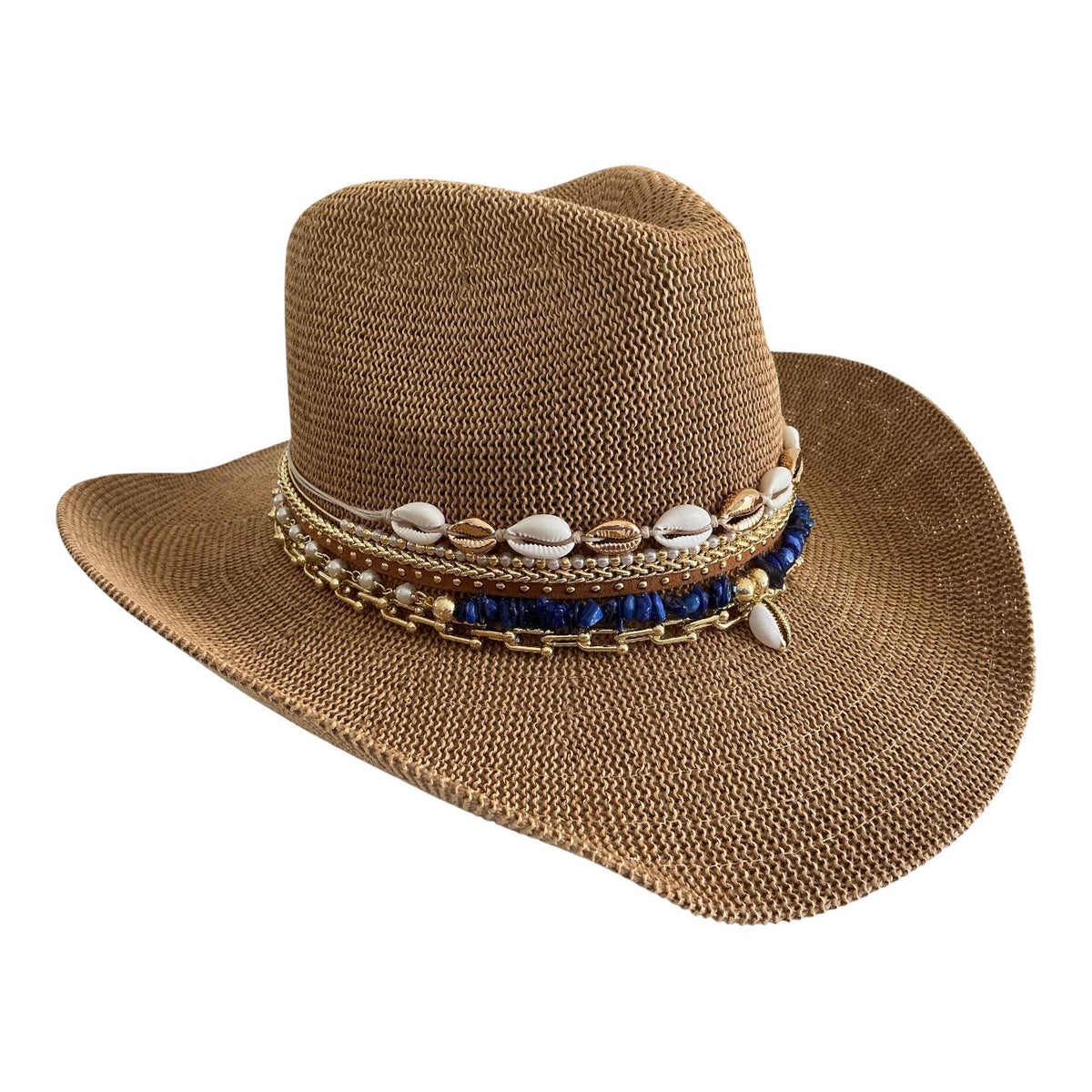 Sunkissed by Chrissy straw cowgirl hat with seashells, pearls, and jeweled embellishments, perfect for beach and seaside vacations