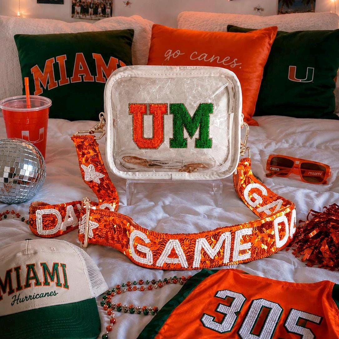 Miami Hurricanes Orange Green Clear Stadium Purse Game day Bag Crossbody Sequin Strap Custom Fan Gift 305