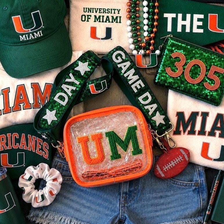 Miami Hurricanes Orange Green Clear Stadium Purse Game day Bag Crossbody Sequin Strap Custom Fan Gift 305