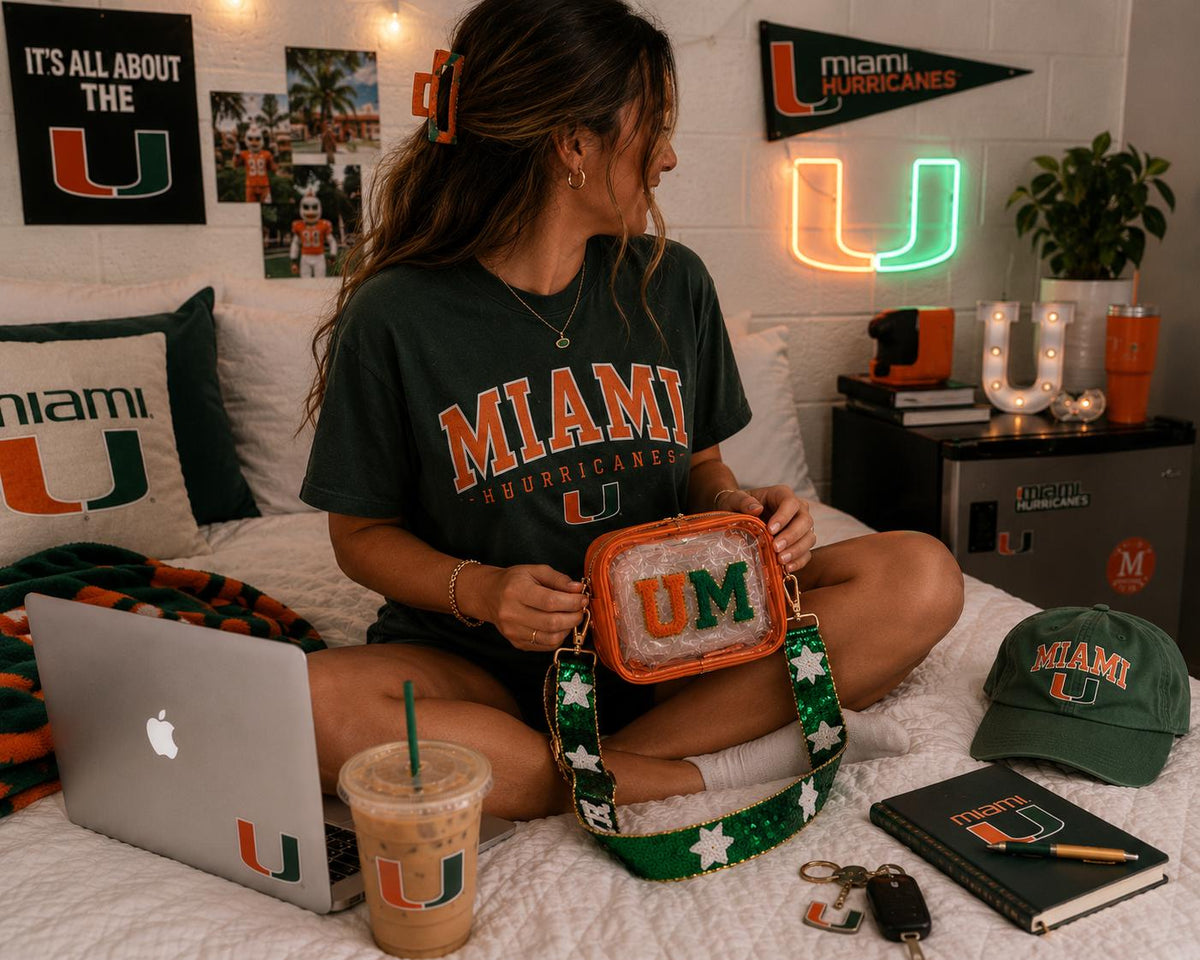 Miami Hurricanes Orange Green Clear Stadium Purse Game day Bag Crossbody Sequin Strap Custom Fan Gift 305