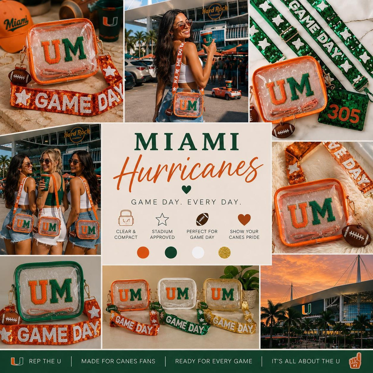 Miami Hurricanes Orange Green Clear Stadium Purse Game day Bag Crossbody Sequin Strap Custom Fan Gift 305