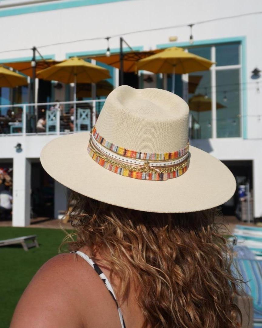 Women’s waterproof wide brim boater hat by Sunkissed by Chrissy with gold accents, straw Panama style, perfect for beach and resort fashion.