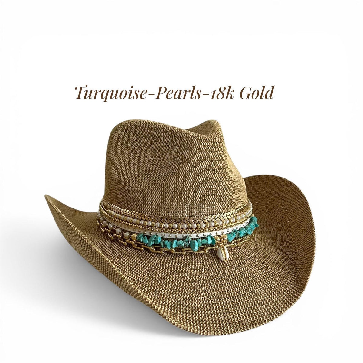 Sunkissed by Chrissy turquoise cowboy hat with boho style, straw material, perfect for beach, festival, or resort summer wear.