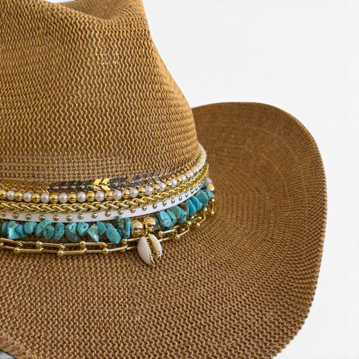 Turquoise boho cowboy hat with wide brim, straw material, women’s beach vacation style, perfect for summer festivals and resort wear.