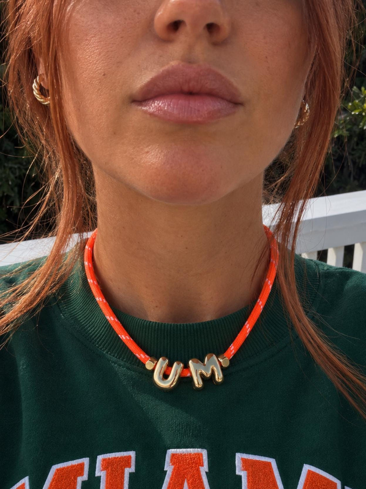 Personalized Paracord Necklace Initial Jewelry Custom Bubble Letter Chain Mens Choker Style Orange Green Cord Team Colors Handcrafted College Accessory Game Day Spirit Wear Fan Gift Student Alumni Present Gold Tone Letters Adjustable Length