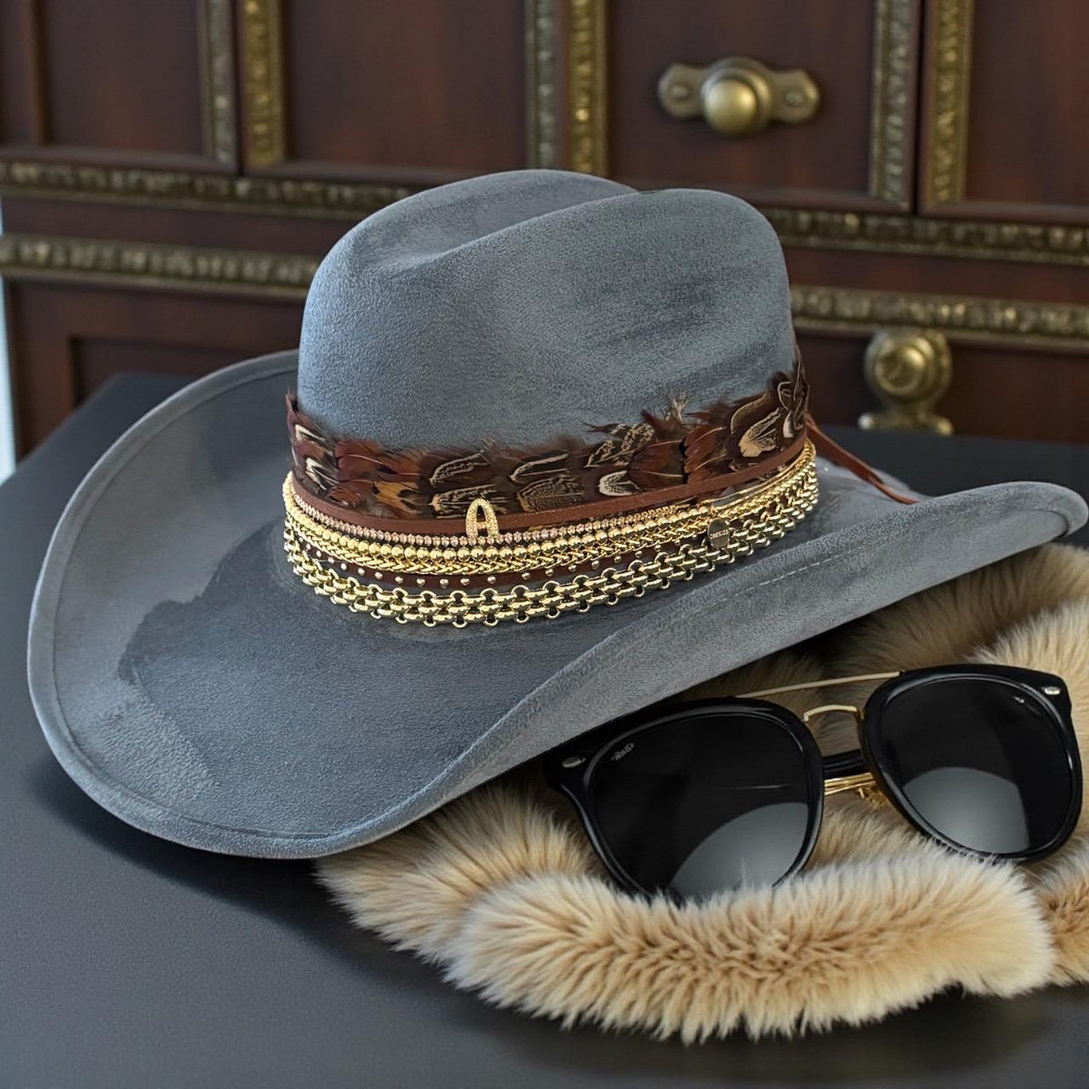 Sunkissed by Chrissy feather cowboy hat for women, Western style, perfect for country concerts, rodeos, and ranch weddings.