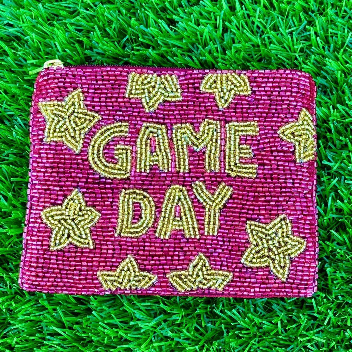 Garnet Gold Game day Coin Pouch Sequin Beaded Design Stadium Bag Game Day Essentials Wallet Clear Purse Compatible Zipper Closure Secure Storage Team Fan Gift Handmade Accessory Sports Event Perfect Compact Pouch Tailgate Ready Item