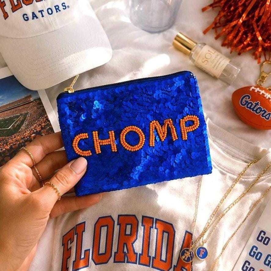 Beaded Sequin Coin Purse Orange Blue Design Game Day Essentials Wallet Zipper Pouch Football Fan Gift Stadium Bag Accessory Handcrafted Details Perfect Game Day Carry Small Essentials Organizer College Sports Merchandise Tailgate Party