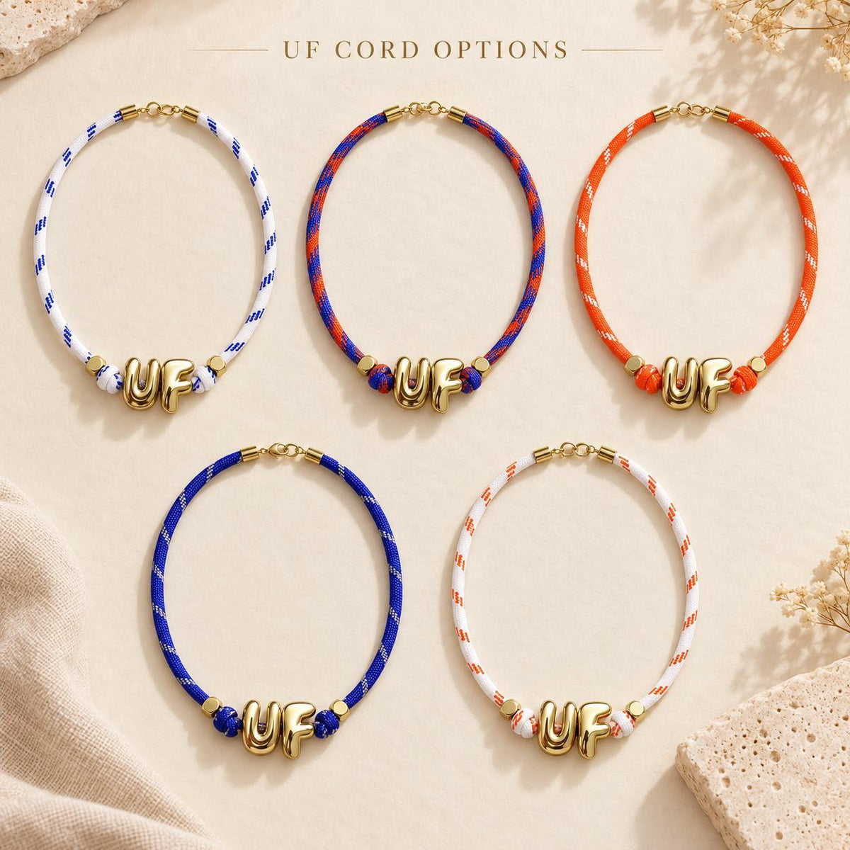 University Florida Necklace Gator Fan Jewelry Game Day Accessory Orange Blue Paracord Cord Letter Beads Gold Plated College Student Graduation Gift Alumni Women Team Spirit Necklace School Pride Display Fan Wear Accessory Perfect Present