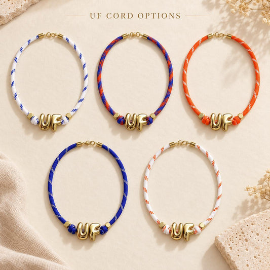 University Florida Necklace Gator Fan Jewelry Game Day Accessory Orange Blue Paracord Cord Letter Beads Gold Plated College Student Graduation Gift Alumni Women Team Spirit Necklace School Pride Display Fan Wear Accessory Perfect Present