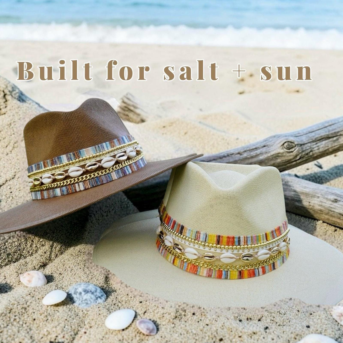 Waterproof wide brim boater hat for women with straw Panama style, jute material, shell band, gold embellishments, perfect for beach or resort.