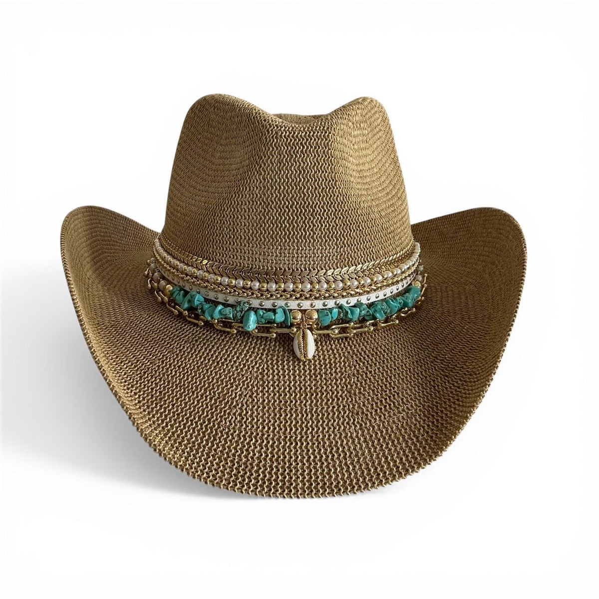 Turquoise boho cowboy hat with straw material, perfect for beach, summer festivals, and resort wear, styled as a statement accessory.