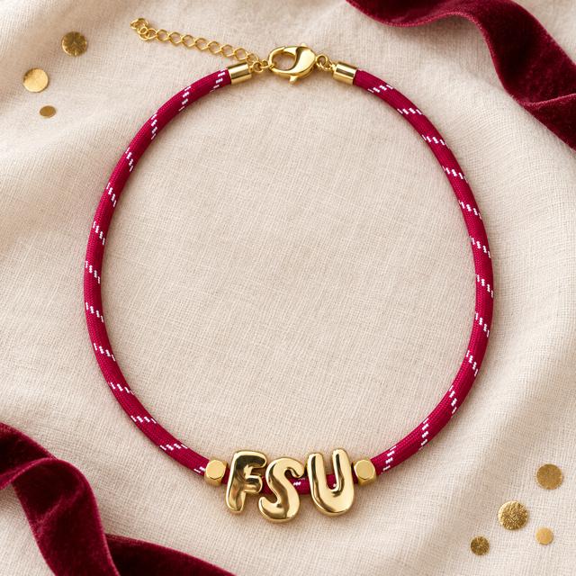 Florida State University Graduation Gift College Student Necklace Garnet Gold Striped Cord Letter Beads Spell FSU Seminole Fan Spirit Jewelry Gameday Accessory Alumni Women School Pride Perfect Present Team Colors Adjustable Length Lobster