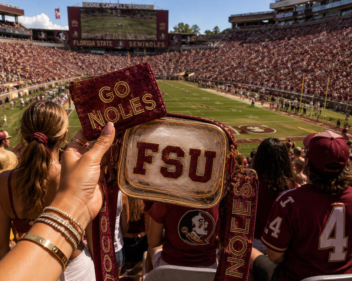 FSU Inspired Coin Purse Zipper Pouch Doak Stadium Bag Game Day Essentials Go Noles Wallet  Sequin Team Fan Gift Garnet Gold Game day