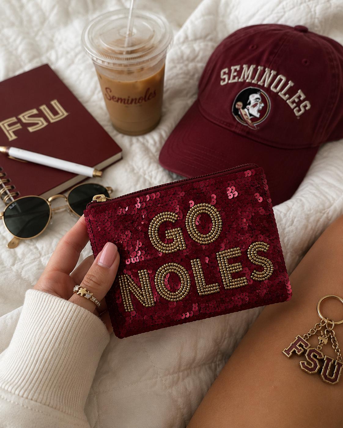 FSU Inspired Coin Purse Zipper Pouch Doak Stadium Bag Game Day Essentials Go Noles Wallet  Sequin Team Fan Gift Garnet Gold Game day
