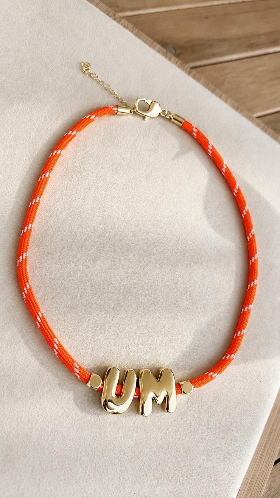 Initial Jewelry Necklace Personalized Bubble Letter Chain Mens Statement Piece Paracord Choker Custom Orange Green Cord Team Spirit Accessory College Fan Gift Game Day Wear Handcrafted Gold Tone Letters Adjustable Necklace Student Alumni