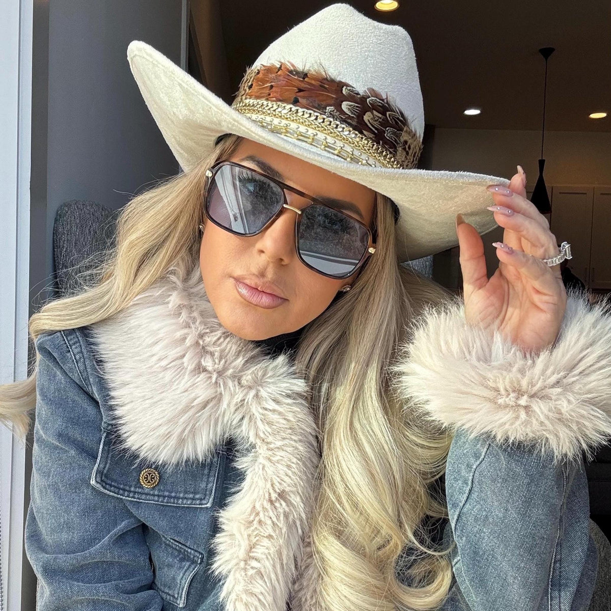 Sunkissed by Chrissy feather cowboy hat for women, Western style, perfect for country events, rodeos, and ranch weddings.