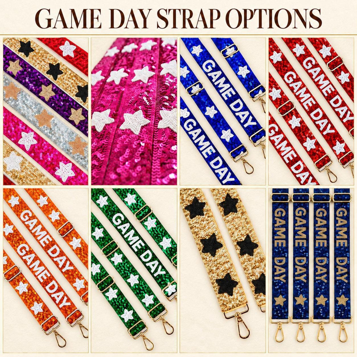 Sequin Purse Strap Beaded Crossbody Bag Accessory Stadium Ready Fashion Upgrade Adjustable Handbag Chain Star Shoulder Attachment Gold Hardware Clips Sparkly Concert Outfit Essential Tailgating Style Addition Perfect Event Accessory