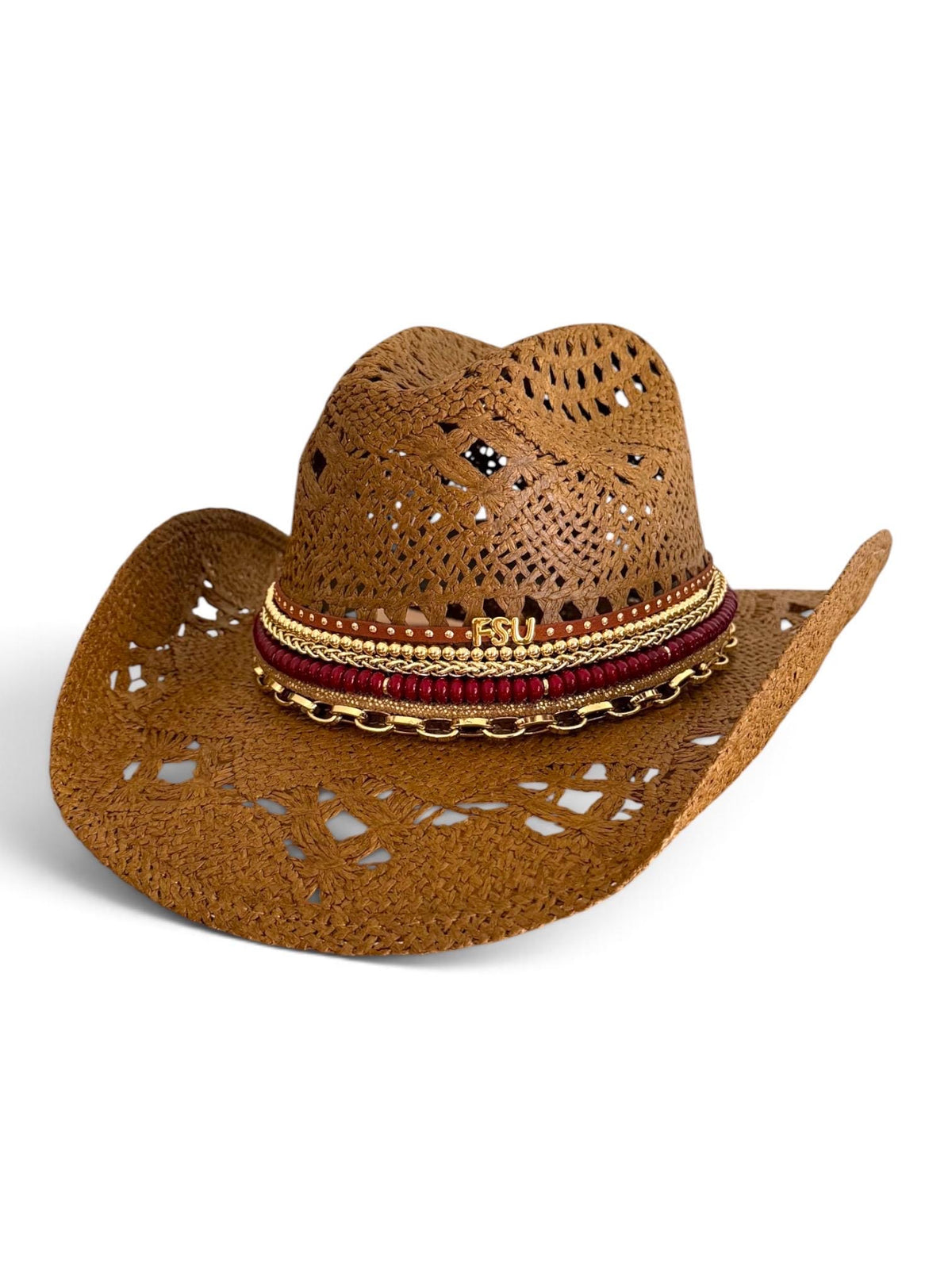 FSU Straw Hat College Spirit Gifts Personalized Fan Gear Custom Game Day Hat School Spirit Beaded Western Cowboy Accessory Garnet Gold