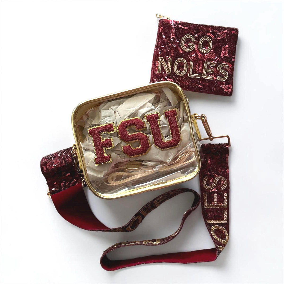 Crossbody Purse Clear Stadium Bag Security Compliant Venue Approved Handbag Sequin Strap Design Garnet Gold Team Colors FSU Football Game Day Essential Fan Gear Gift NCAA Approved Transparent Small Bag Women Accessory Hands Free Carrying